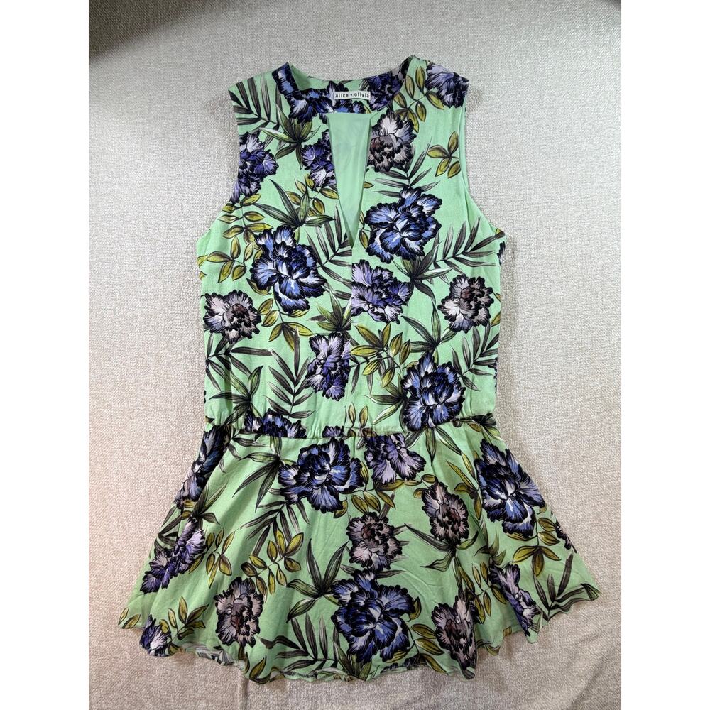Alice + Olivia Women M Green Floral Sleeveless Knee Length Drop Waist Dress